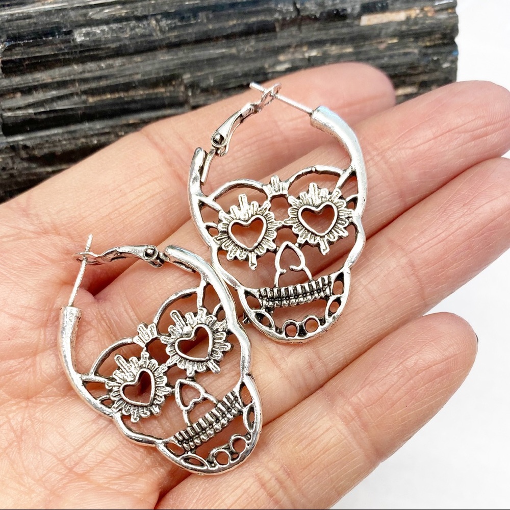 Sugar Skull Silver Hoop Earrings